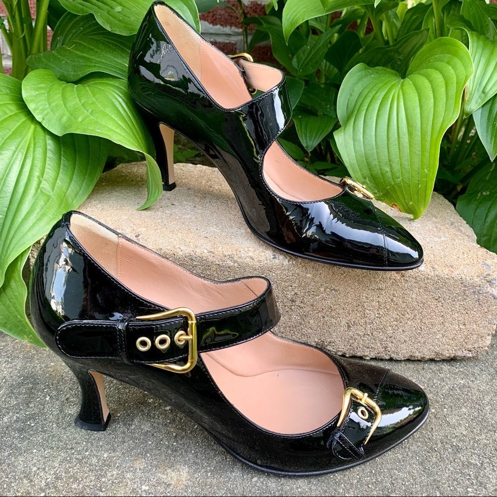Anyi Lu Michel Black Patent Mary Jane Pumps Gold Buckle Heels Size 40.5